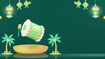 Animated Ramadan Kareem background with elements of drums, lanterns, ketupat, coconut tree and stars suitable for Eid celebrations video