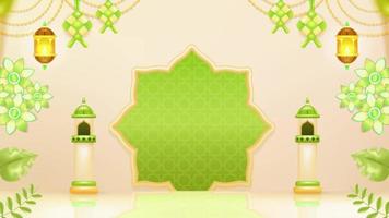 Animated Ramadan Kareem background with mosque, plant and ketupat elements, perfect for welcoming eid mubarak celebrations video