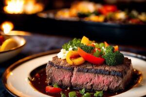 Beef steak with potatoes and vegetables on a white plate. Restaurant. photo