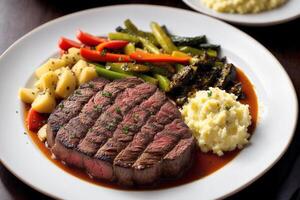 Beef steak with potatoes and vegetables on a white plate. Restaurant. photo