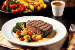 Beef steak with potatoes and vegetables on a white plate. Restaurant. photo