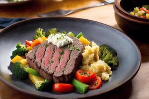 Beef steak with potatoes and vegetables on a white plate. Restaurant. photo