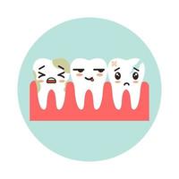 Dental row with dirty healthy and cracked teeth. Teeth with kawaii emotion vector