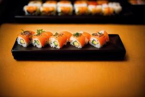 japonés cocina. Sushi y rollos en el mesa en el restaurante. generativo ai foto