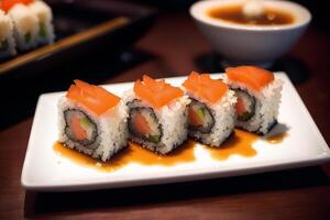 japanese cuisine. sushi and rolls on the table in the restaurant. photo