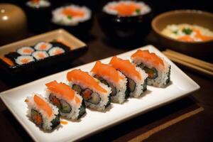 japonés cocina. Sushi y rollos en el mesa en el restaurante. generativo ai foto