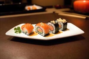 japanese cuisine. sushi and rolls on the table in the restaurant. photo