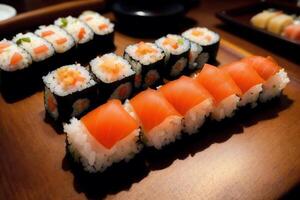 japonés cocina. Sushi y rollos en el mesa en el restaurante. generativo ai foto