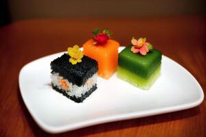 japanese cuisine. sushi and rolls on the table in the restaurant. photo