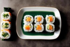 japanese cuisine. sushi and rolls on the table in the restaurant. photo