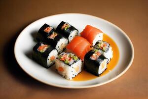 japanese cuisine. sushi and rolls on the table in the restaurant. photo