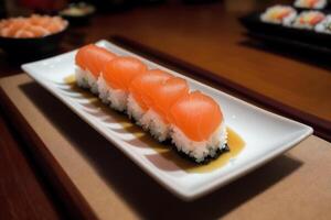 japonés cocina. Sushi y rollos en el mesa en el restaurante. generativo ai foto