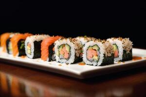 japanese cuisine. sushi and rolls on the table in the restaurant. photo