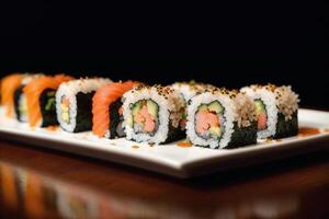 japonés cocina. Sushi y rollos en el mesa en el restaurante. generativo ai foto