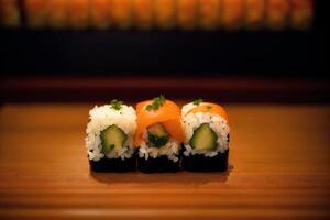 japonés cocina. Sushi y rollos en el mesa en el restaurante. generativo ai foto