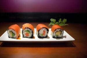 japonés cocina. Sushi y rollos en el mesa en el restaurante. generativo ai foto