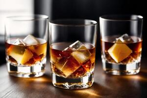 Glass of whiskey on the rocks with ice cubes on a wooden table, close-up. photo