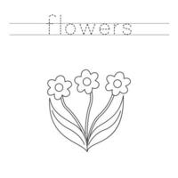 Trace the letters and color cartoon flowers. Handwriting practice for kids. vector