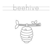 Trace the letters and color cartoon beehive. Handwriting practice for kids. vector