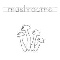 Trace the letters and color cartoon mushrooms. Handwriting practice for kids. vector