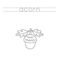 Trace the letters and color cartoon acorn. Handwriting practice for kids. vector