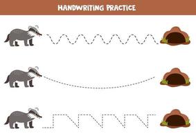 Tracing lines for kids. Cartoon cute badger and its mink. vector