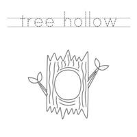 Trace the letters and color cartoon tree hollow. Handwriting practice for kids. vector