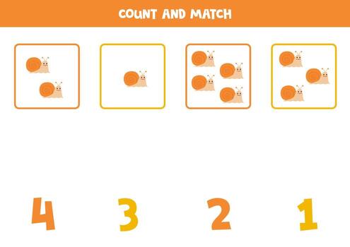 Counting game for kids. Count all snails and match with numbers. Worksheet for children. vector