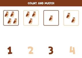 Counting game for kids. Count all owls and match with numbers. Worksheet for children. vector
