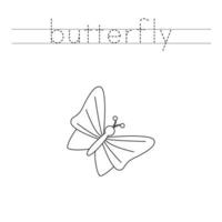 Trace the letters and color cartoon butterfly. Handwriting practice for kids. vector