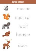 Tracing letters with cute woodland animals. Writing practice. vector