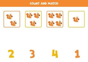 Counting game for kids. Count all squirrels and match with numbers. Worksheet for children. vector