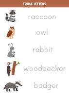 Tracing letters with cute woodland animals. Writing practice. vector