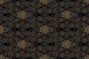 Seamless gold Pattern Design mandala of Sacred Geometry background. Luxury geometric arabesque, Textile Oriental ornament. Abstract flowers symbol, vector texture for web and print isolated on black