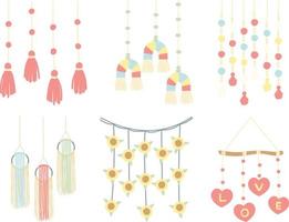 Set of hand drawn dreamcatchers with feathers and hearts. Vector illustration