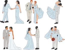 Wedding set. Bride and groom in different poses. Vector illustration