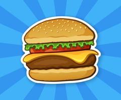 Sticker of cartoon hamburger with cheese, tomato and salad vector