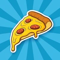 Pizza slice with melted cheese and pepperoni on blue background with shining rays. Sticker in cartoon style with contour vector