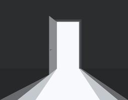 Open Door in dark room symbol of hope or solution. Light in room through open door. Vector illustration