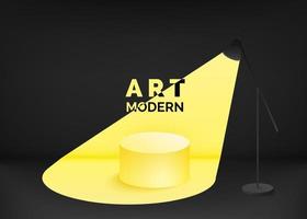 Modern Art. Yellow light spot emanating from lamp blending into scene. Black and yellow design contemporary empty podium. Vector illustration