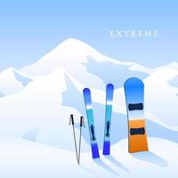 Ski resort. Skiing and snowboard on hillside and mauntins landscape. Extreme activity banner. Vector