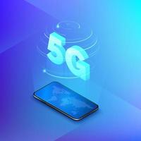 5g rápido móvil redes móvil teléfono con global mapa en pantalla y holograma de web conexión inalámbrico redes con isométrica texto 5g adentro. tecnología antecedentes. vector ilustración