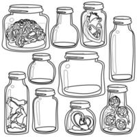 A collection of glass jars with human organs in a linear, contoured style. In blue jars, the ears, eyes, brains, heart and fingers of zombies. Empty containers. Elements for coloring for Halloween vector