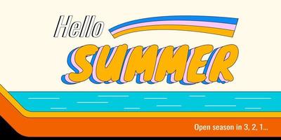 Summer seasonal vector horizontal banner in a retro 1970s groovy style with ocean beach and stylized text.