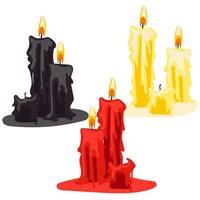 A set of candles in varying degrees of burnout on a white background. Red, black, yellow candles for divination in groups. Decor elements for Halloween. The candles are burning. Incantatory actions. vector