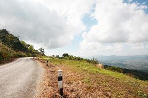 Yellow Sign label warning of curve road on the mountain in Thailand photo