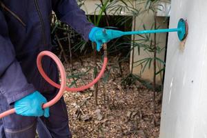 exterminate termite control company employee is using a termite sprayer at customer's house and searching for termite nests to eliminate. exterminate control worker spraying chemical insect repellant photo