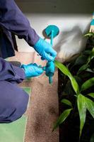 exterminate termite control company employee is using a termite sprayer at customer's house and searching for termite nests to eliminate. exterminate control worker spraying chemical insect repellant photo