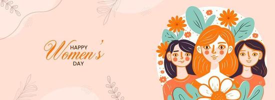 Happy Women's Day Banner Design With Three Young Girl Characters On Floral Decorated Background. vector