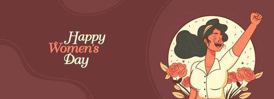 Happy Women's Day Banner Design With Cheerful Young Girl Character Raising Fist On Burnt Crimson Background. vector